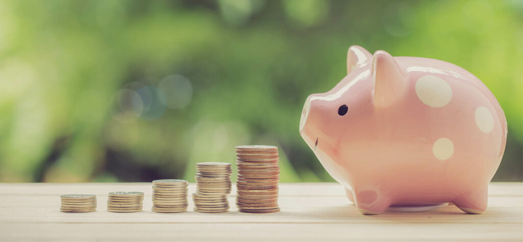 Money coins stack growing graph and piggy bank nature background, business concept.