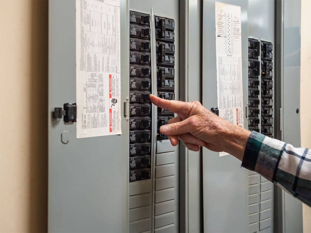 Man's hand flipping a circuit breaker on an electrical panel