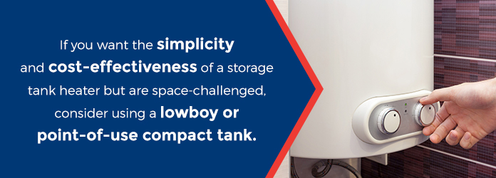 If you want the simplicity and cost-effectiveness of a storage tank heater but don't have adequate space, consider utilizing a lowboy or point-of-use compact tank